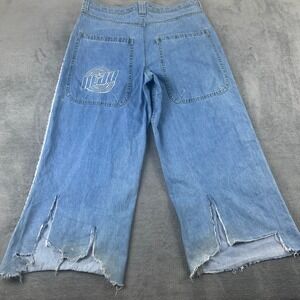 A.Lab Men 40 Jeans Blue Wide Leg Embroidered Side Stripe Raw Hem Baggy Y2K Style